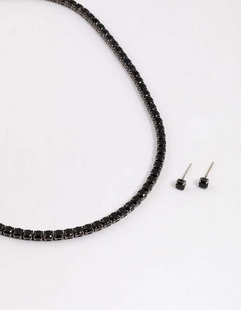 Gunmetal Cubic Zirconia Round Cup Chain Earring & Necklace Set