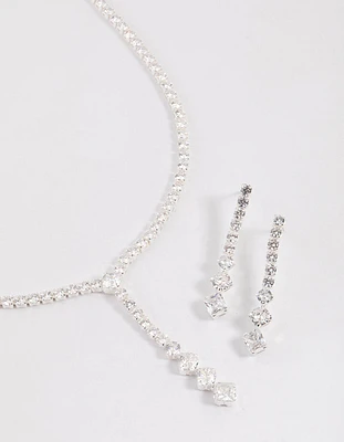 Silver Cubic Zirconia Rhodium Y-Neck Jewellery Set