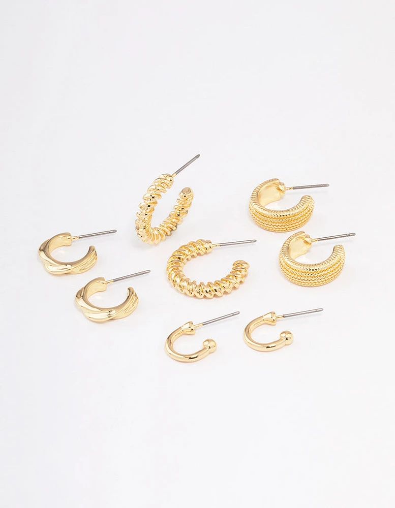 Gold Plated Textured Chunky Hoop Earrings 4-Pack