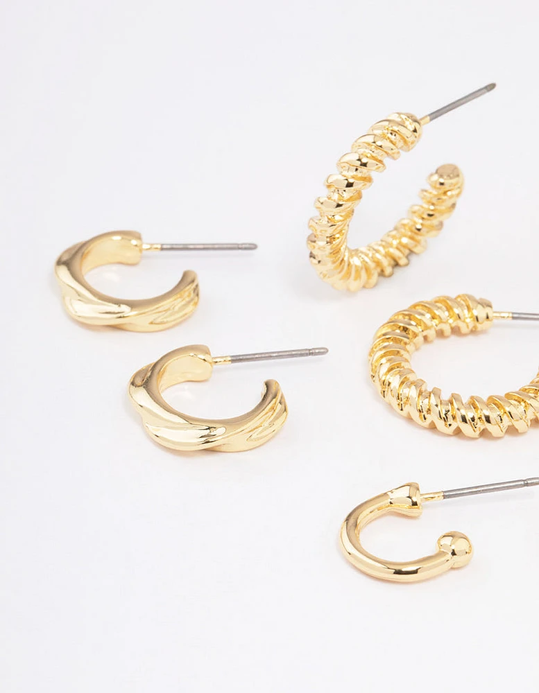 Gold Plated Textured Chunky Hoop Earrings 4-Pack