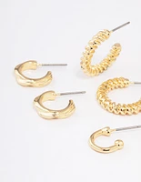 Gold Plated Textured Chunky Hoop Earrings 4-Pack