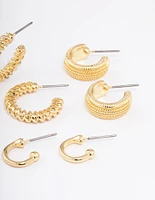 Gold Plated Textured Chunky Hoop Earrings 4-Pack