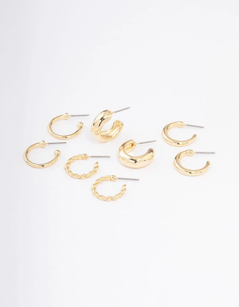 Gold Plated Smooth Chunky Hoop Earrings 4-Pack