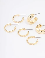 Gold Plated Smooth Chunky Hoop Earrings 4-Pack