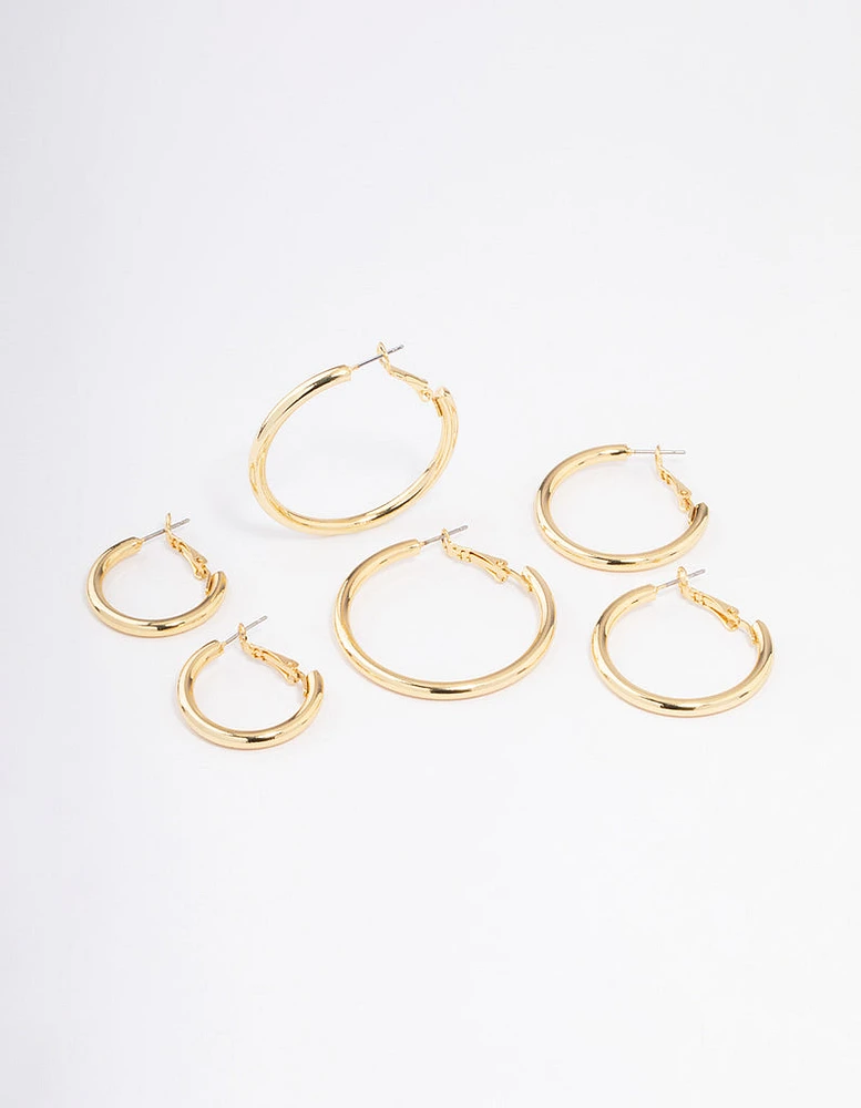 Gold Plated Basic Thick Hoop Earrings Pack