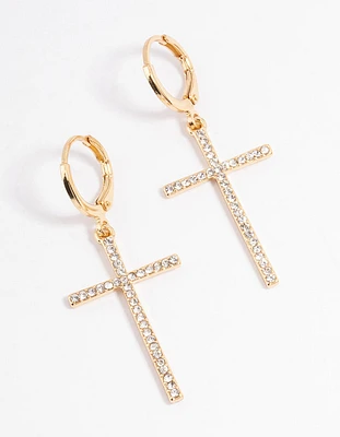 Gold Plated Diamante Large Cross Drop Earrings