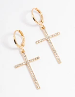 Gold Plated Diamante Large Cross Drop Earrings