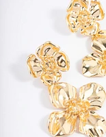 Gold Plated Double Gradual Flower Drop Earrings