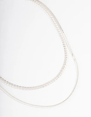 Silver Plated Herringbone & Snake Chain Multi Row Necklace