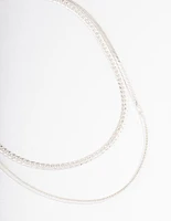 Silver Plated Herringbone & Snake Chain Multi Row Necklace