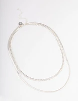 Silver Plated Herringbone & Snake Chain Multi Row Necklace