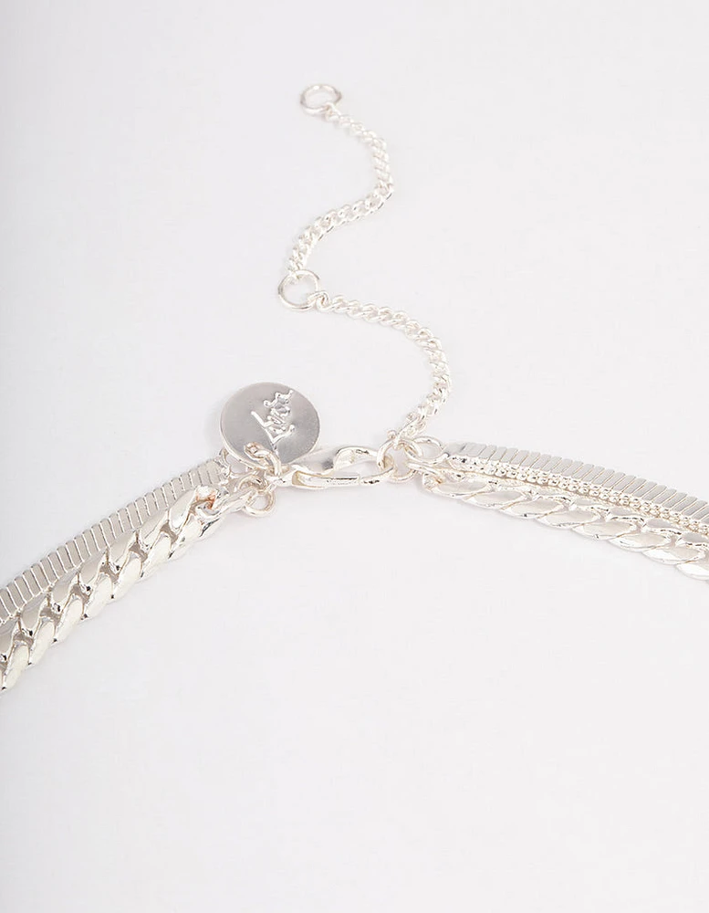 Silver Plated Herringbone & Snake Chain Layered Necklace