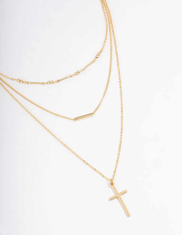 Gold Plated Layer Bar & Cross Necklace