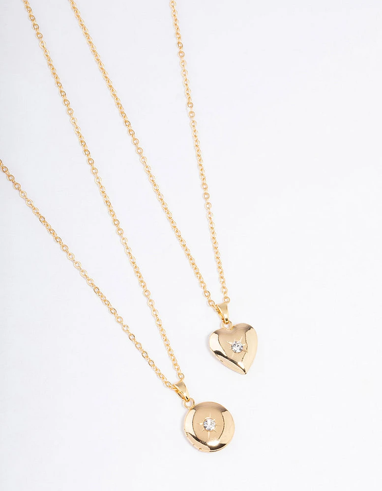 Gold Plated Circle & Heart Locket Necklace Pack