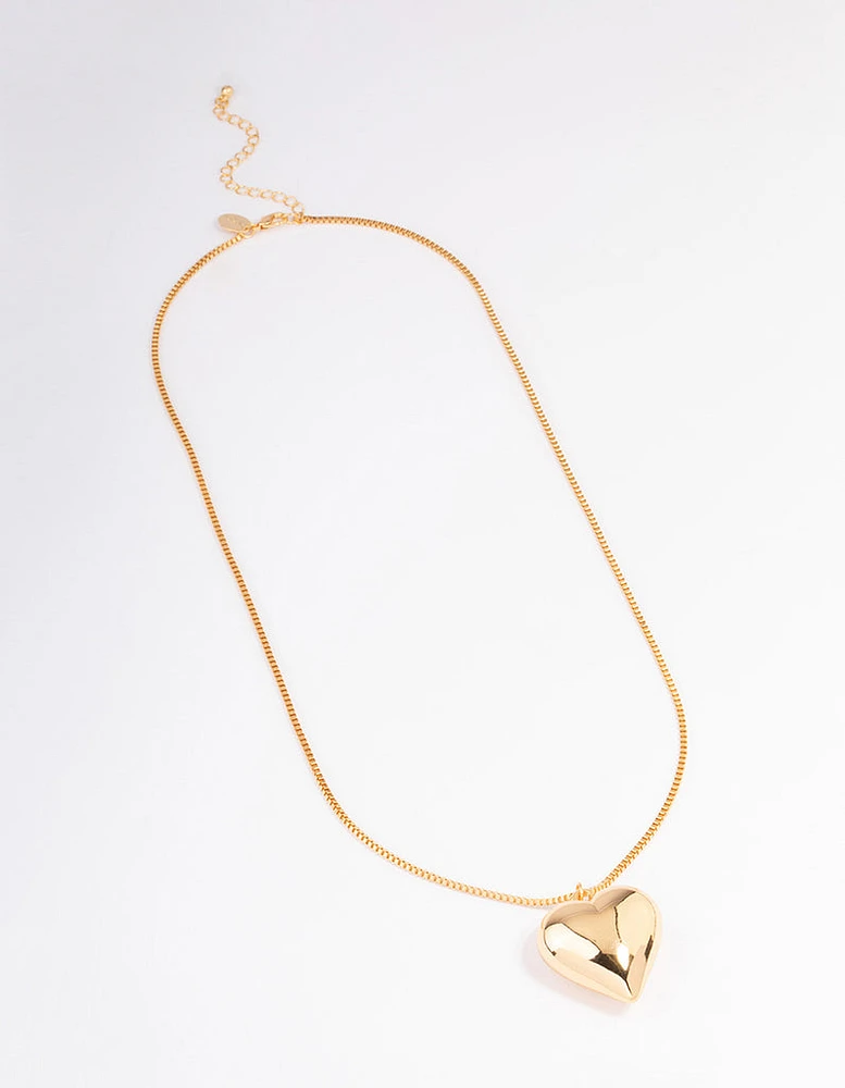 Gold Plated Long Large Puffy Heart Necklace