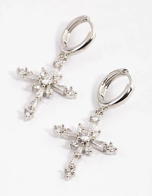 Silver Cubic Zirconia Decorated Cross Drop Earrings