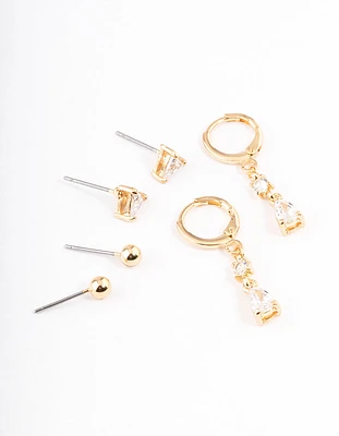 Gold Plated Brass Cubic Zirconia Triangle & Drop Earrings Pack