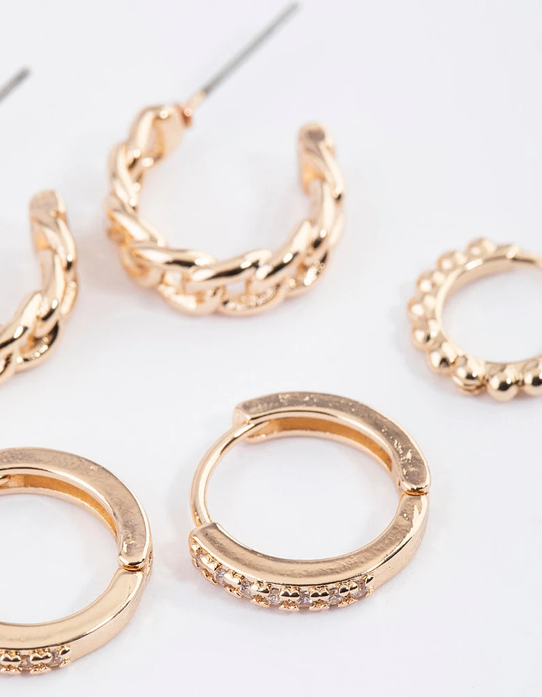 Gold Chain Link Diamante Hoop Earrings Pack