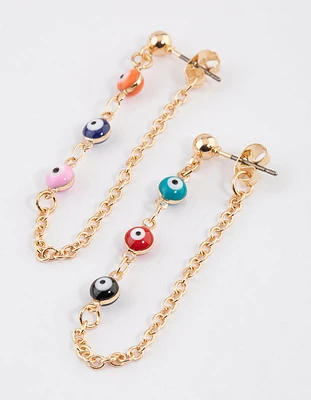 Gold Multi Evil Eye Chain Earrings