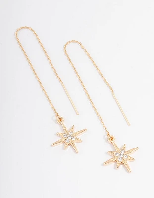 Gold Fine Diamante Star Threader Earrings