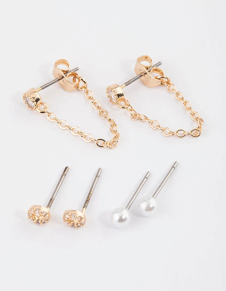 Gold Pearly & Diamante Stud Earrings Pack