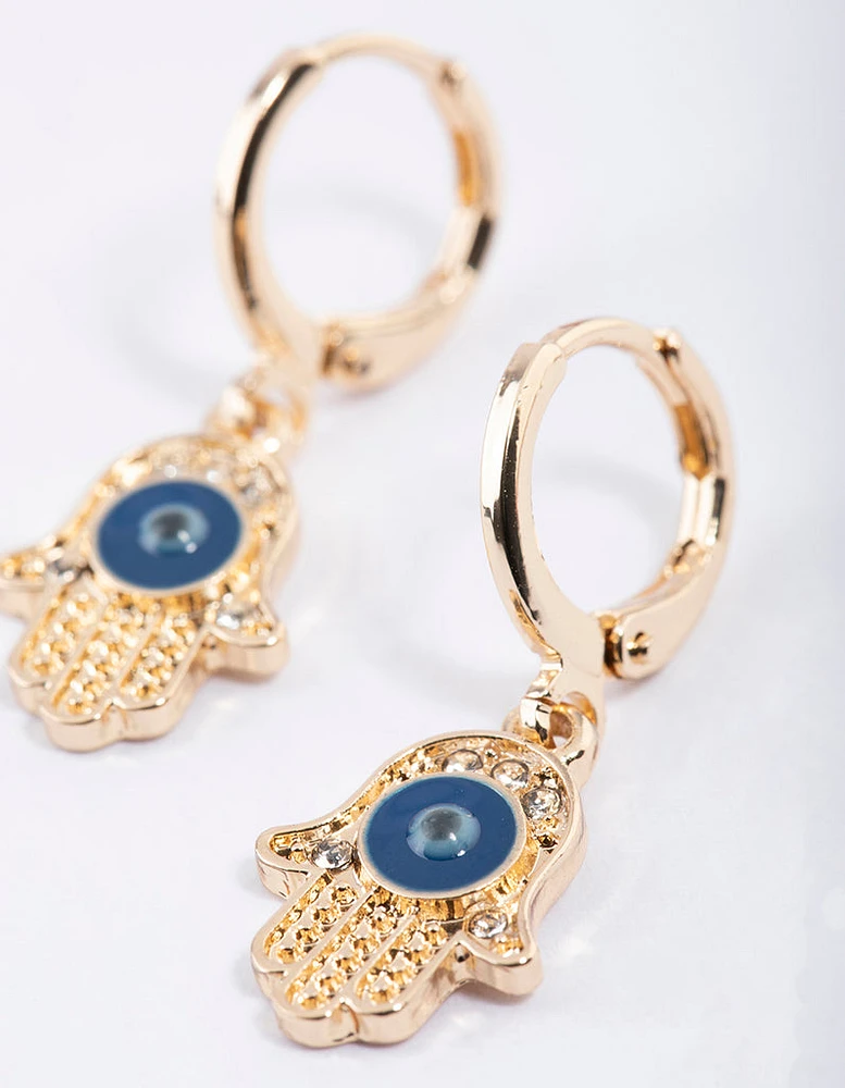 Gold Evil Eye Hand Huggie Earrings