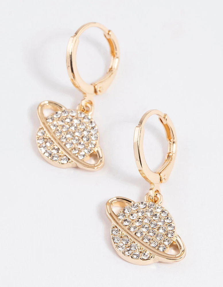 Gold Diamante Saturn Planet Huggie Earrings