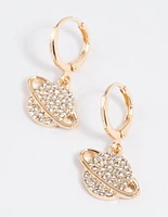 Gold Diamante Saturn Planet Huggie Earrings