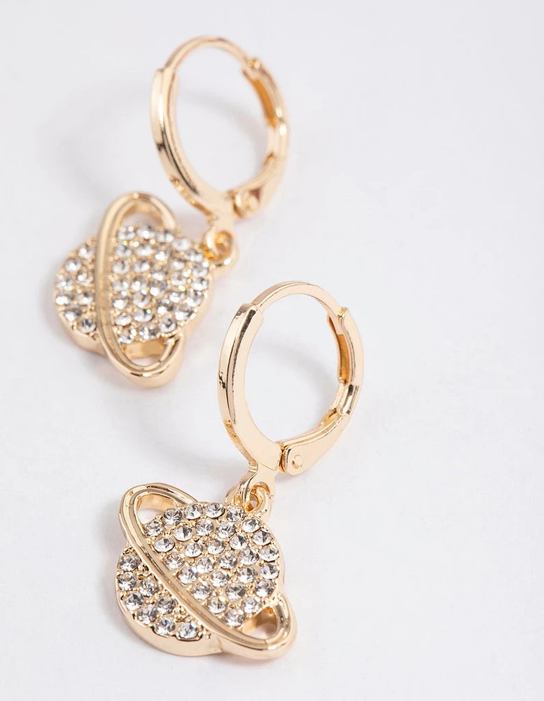 Gold Diamante Saturn Planet Huggie Earrings