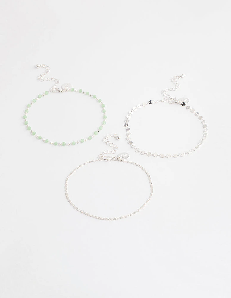 Silver Mixed Beaded & Disc Chain Anklet Pack