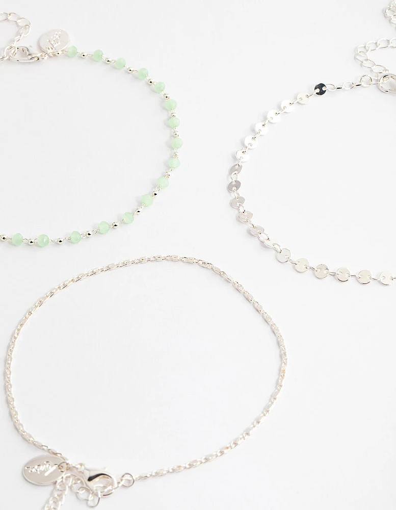 Silver Mixed Beaded & Disc Chain Anklet Pack