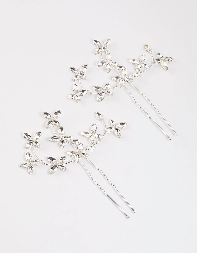 Silver Flower Leaf Diamante Hair Pin Pack