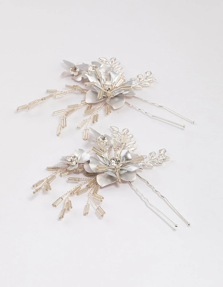 Silver Flower Leaf Beaded Hair Pin Pack