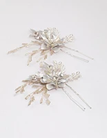 Silver Flower Leaf Beaded Hair Pin Pack