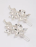 Silver Flower Leaf Diamante Hair Clips Pack