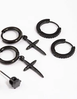 Surgical Steel Large Black Cross Huggie Earrings Pack