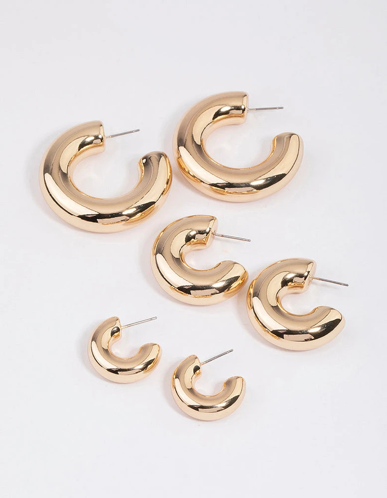 Gold Thick Smooth Hoop Earrings Pack