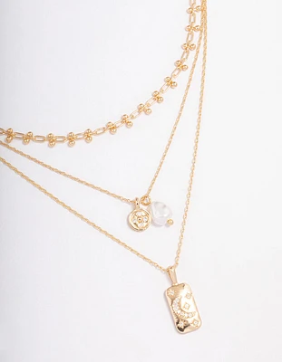 Gold Triple Layered Pearl Pendant Necklace