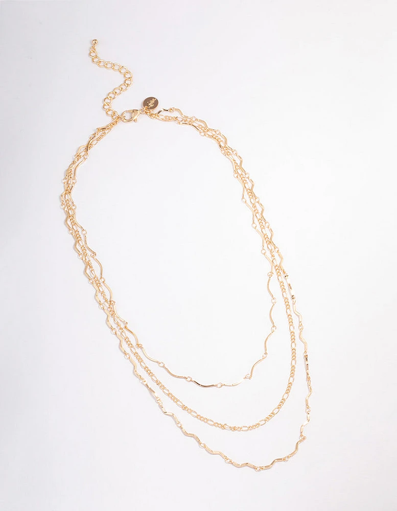 Gold Triple Layered Wave Chain Necklace