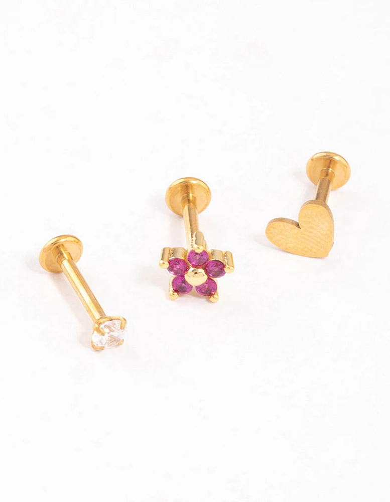 Gold Plated Surgical Steel Love Heart Bezel Flat Back Pack