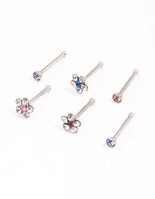 Surgical Steel Cubic Zirconia Triangle Floral Nose Ring 6-Pack