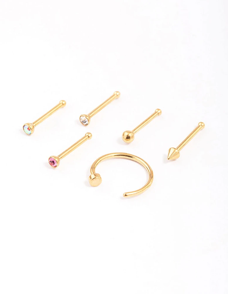 Gold Plated Surgical Steel Nail & Arrow Nose Ring 6-Pack