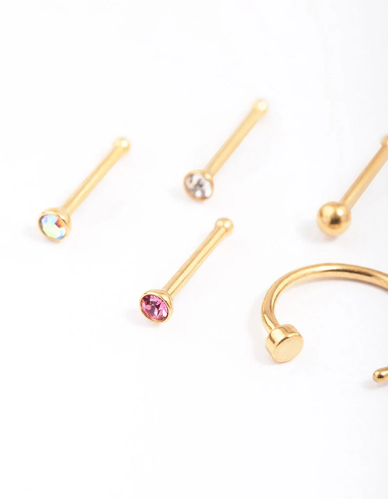 Gold Plated Surgical Steel Nail & Arrow Nose Ring 6-Pack