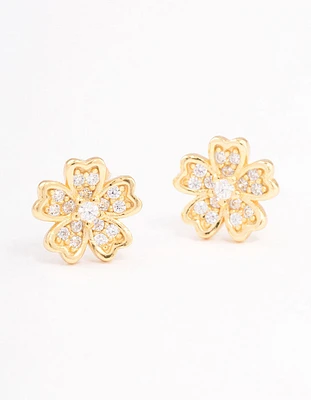 Gold Plated Sterling Silver Cubic Zirconia Flower Stud Earrings