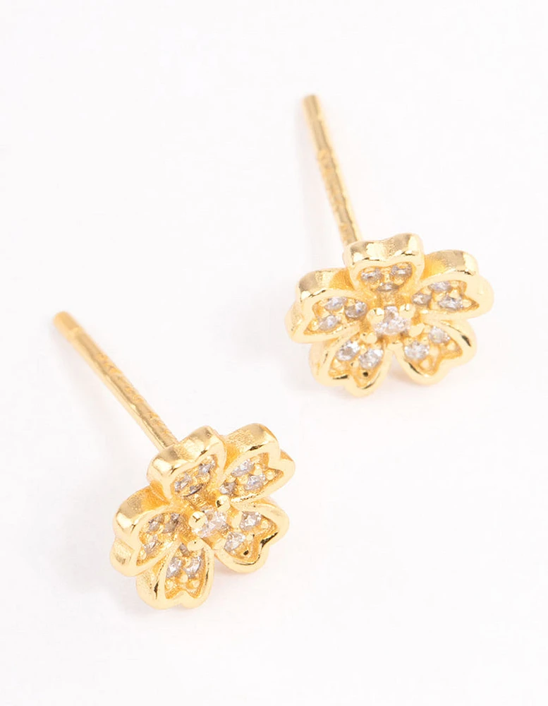 Gold Plated Sterling Silver Cubic Zirconia Flower Stud Earrings