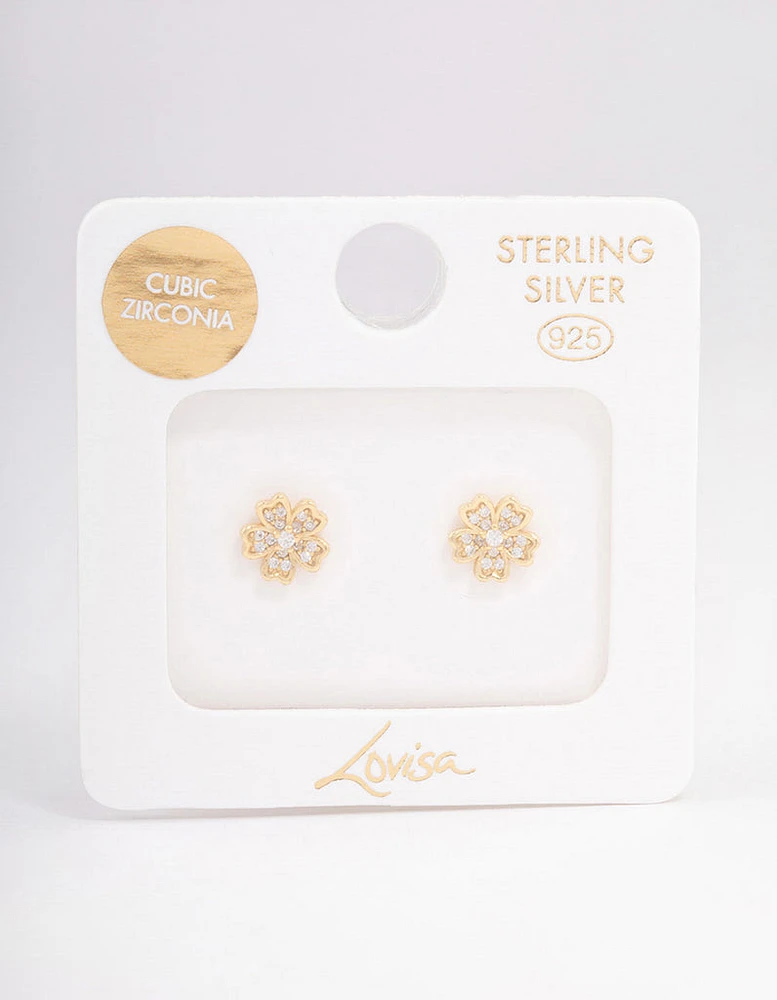 Gold Plated Sterling Silver Cubic Zirconia Flower Stud Earrings