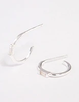 Sterling Silver Cubic Zirconia Rectangle Mini Hoop Earrings