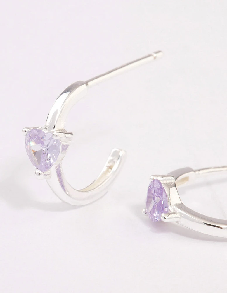 Sterling Silver Amethyst Heart Hoop Earrings