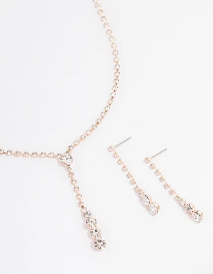 Rose Gold Cup Chain Diamante Y-Shape Necklace & Drop Earrings Jewellery Set