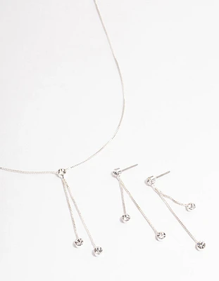 Silver Diamante Y-Shape Necklace & Drop Earrings Jewellery Set